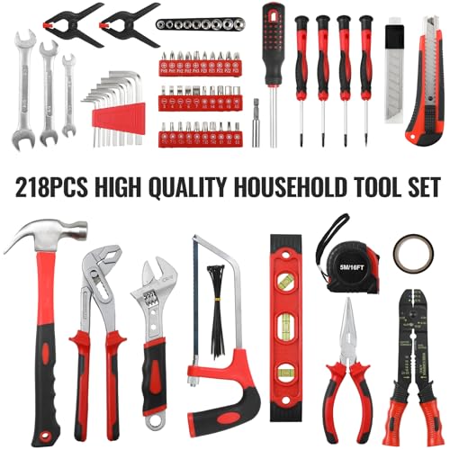 TLGREEN 218 Piece Tool Kit, Tool Set Mechanics Kit, Portable Tool Box Set with Saw Adjustable Wrench Drive Socket Combination Wrench, with Plastic TLGREEN