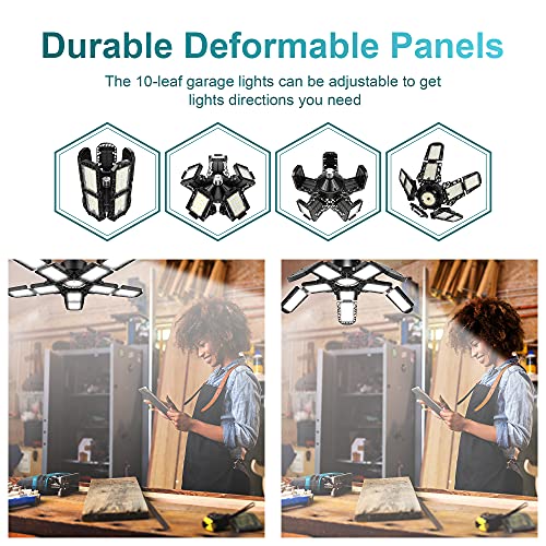 2-Pack Led Garage Light 180W, 18000LM LED Ceiling Lighting with E26/E27 Medium Base, 6000K Deformable LED Shop Light with 10+1 Adjustable Panels for Nexillumi