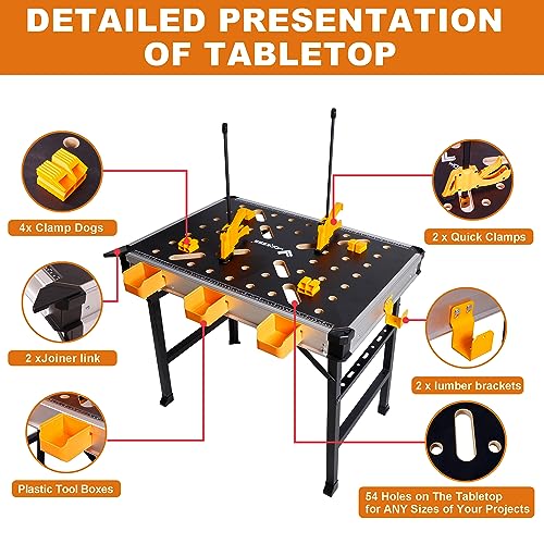 WORKESS Portable Workbench 1000Lbs Capacity Heavy Duty Folding Work Table with 2 Quick Clamps, 4 Bench Dogs, 3 Tool Boxes for Garage Easy Storage WORKESS