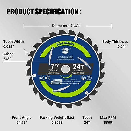 EZee Circular Saw Blades 7-1/4 Inch 24 Tooth Carbide-Tipped TCT ATB Fine Finish 7 1/4 Circular Saw Blade for Wood Cutting with 5/8"Arbor Thin Kerf EZee