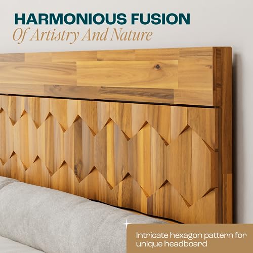Georgina Mid Century Modern King Bed Frame with Handcrafted Geometric Headboard in Solid Acacia Wood Bme