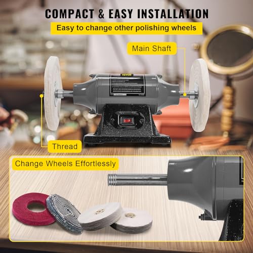 VEVOR Bench Buffer Polisher, 8 inch Buffing Machine 370W Motor with 3600 RPM, Heavy Duty Benchtop Lathe Polishing Machine for Jewelry, Wood, Silver, VEVOR