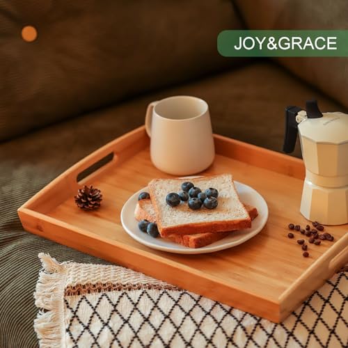 Joy&Grace 100% Bamboo Wood Butler Serving Tray with Handles - Breakfast/Coffee Table Tray, Decorative Ottoman Tray, Serving Platter for Joy&Grace