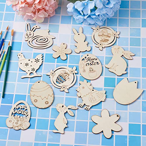 Craftdady 48pcs Easter Wooden Ornaments Wood Pieces Unfinished Egg Chick Hen Bunny Flower Wood Cutouts with Hemp Ropes, Wiggle Googly Eyes for DIY Craftdady