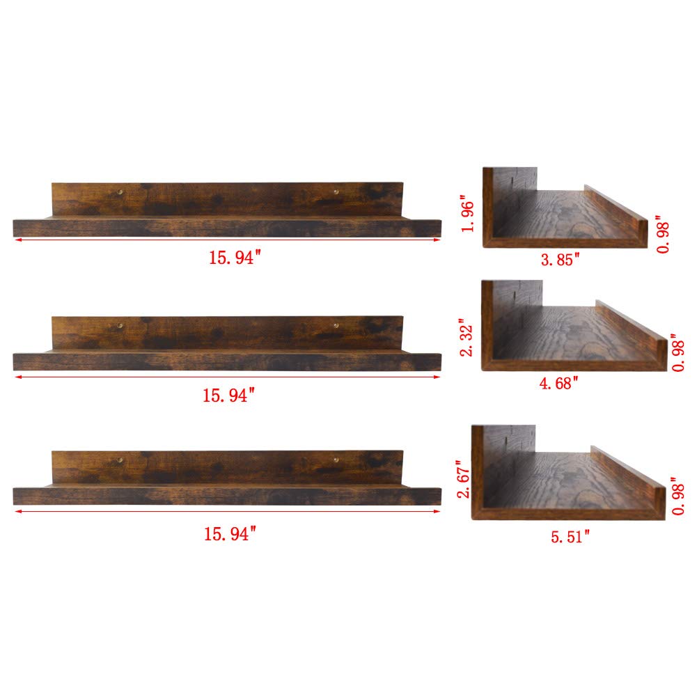 Giftgarden 16 Inch Floating Shelves for Wall Set of 3, Rustic Wall Mounted Picture Ledge Wooden Wall Shelf for Living Room Bedroom Kitchen Bathroom, Giftgarden