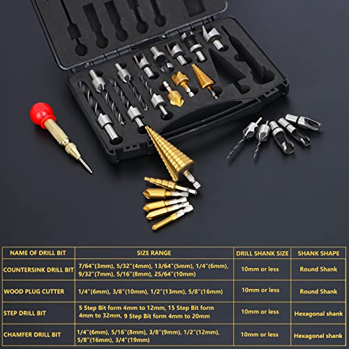 LAMPTOP 26-Pack Woodworking Chamfer Drilling Tools Including Countersink Drill Bits, 3-Pointed Countersink Drill Bit with L-Wrench, Wood Plug Cutter, LAMPTOP