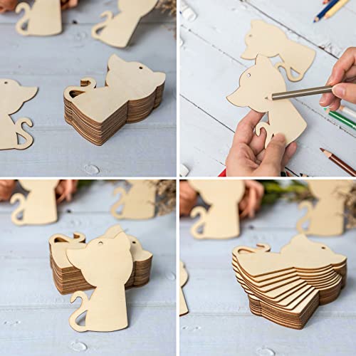 Cat Shape Wooden Blank Wood with Twines Art Unfinished Ornaments for Christmas Wedding Birthday Party Christmas Thanksgiving Day Decoration 20Pcs Zontween