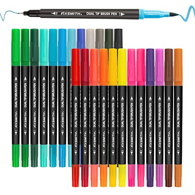 FIXSMITH Dual Brush Marker Pens - 24 Colored Art Markers, Fine Point & Brush Tip Water Based Markers, for Kids Adult Coloring Books Bullet Journals