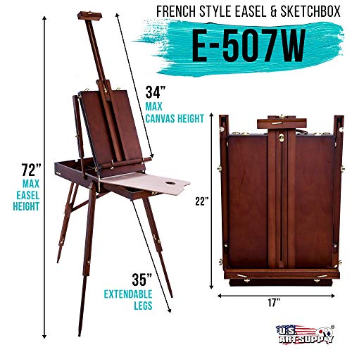 U.S. Art Supply Coronado Walnut Easel, Large Adjustable Wooden French Style Field and Studio Sketchbox Tripod Easel with Drawer, Artist Wood Palette, US Art Supply