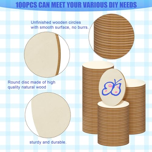 Jyongmer 100 Pieces Unfinished Wood Circle - 2 inch Round Disc Blank Natural Wooden Cutout Ornaments for Decoration DIY Craft Art Supplies, 0.11 inch Jyongmer