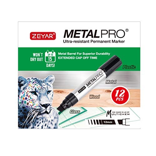ZEYAR Permanent Markers, JUMBO Size, Aluminum Barrel, Set of 12, Premium Waterproof & Smear Proof Markers, Quick Drying (12 Pcs) ZEYAR