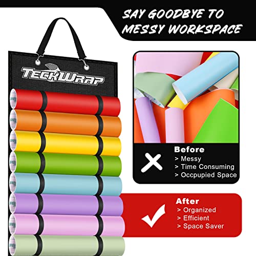 TECKWRAP Vinyl Roll Holder, Black, Wall-Mounted, 47 Compartments, Craft Vinyl Storage Organizer, Hanging Bags, 20 Pack TECKWRAP