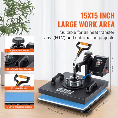 VEVOR Heat Press Machine, 15" x 15" 6 in 1 Combo Heat Press, Heat Transfer Machine 360-Degree Swing Away Digital Shirt Printing, Multi-function Heat VEVOR