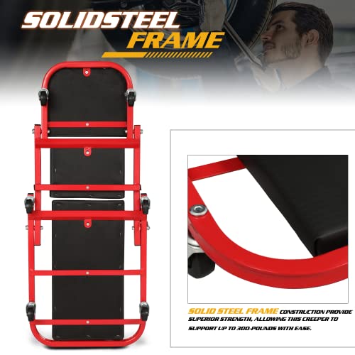 Magshion 40" Triplex Folding Creeper and Rolling Seat 2-in-1 330 lbs Capacity Foldable Mechanic Creeper Garage Stool Lay Down or Sit (Red) Magshion