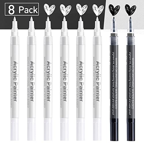 Acrylic White Paint Pen Fine Tip: 8 Pack 0.7mm Black White Paint Marker Pens for Art, Water-Based White Markers for Black Paper Metal Wood Stone AKARUED