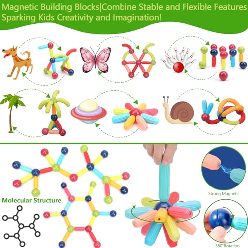 COUOMOXA 74 PCS Magnetic Blocks Sticks Construction Building, Learning Education Stem Preschool Toddler Kids Toys for 3+ Year Old, Montessori Toys COUOMOXA