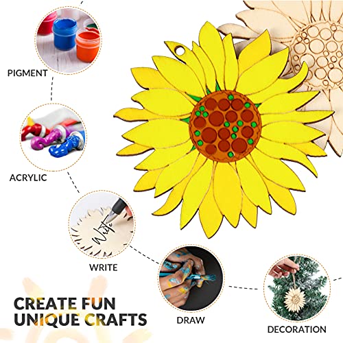 EXCEART 10 Pcs Unfinished Sunflower Wood Cutout Blank Wood Sunflower Slice with Twine for DIY Craft Spring EXCEART