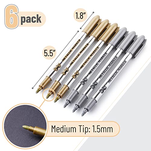 Mr. Pen- Metallic Paint Markers, 6 Pack, Silver and Gold, Silver Paint Marker, Gold Ink Pen, Silver Pen, Silver Markers Permanent Metallic, Silver Mr. Pen