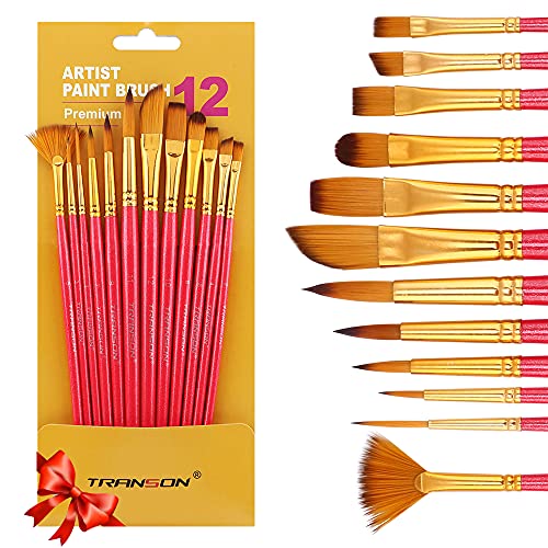 Transon Artist Paint Brush Set of 12 for Acrylic Watercolor Gouache Oil Craft Painting Pink TRANSON