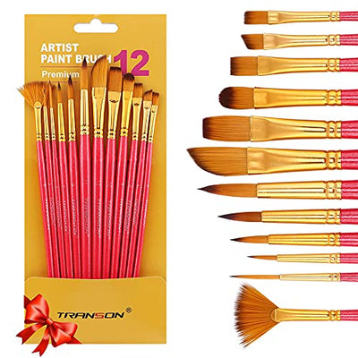 Transon Artist Paint Brush Set of 12 for Acrylic Watercolor Gouache Oil Craft Painting Pink