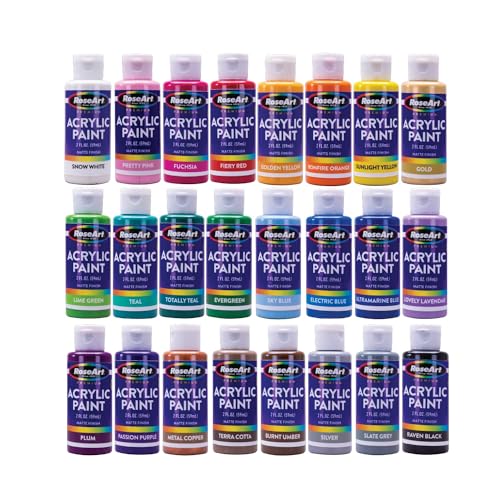 RoseArt Acrylic Paint Set with Brushes, 24 Color Acrylic Paint 2-Ounce Bottles each with 6pc Brush Set RoseArt