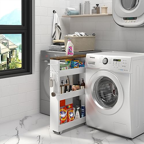 CHLORYARD Slim Storage Cart, 4-Tier Kitchen Rolling Cart Narrow Storage Cabinet with Handle & Wood Top, Metal Rolling Shelf Unit for Kitchen Bathroom CHLORYARD