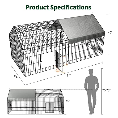 PawGiant Chicken Coop 86"×40" Chicken Run Pen for Yard with Cover Outdoor Metal Portable Chicken Tractor Cage Enclosure Crate Outside for Small PawGiant