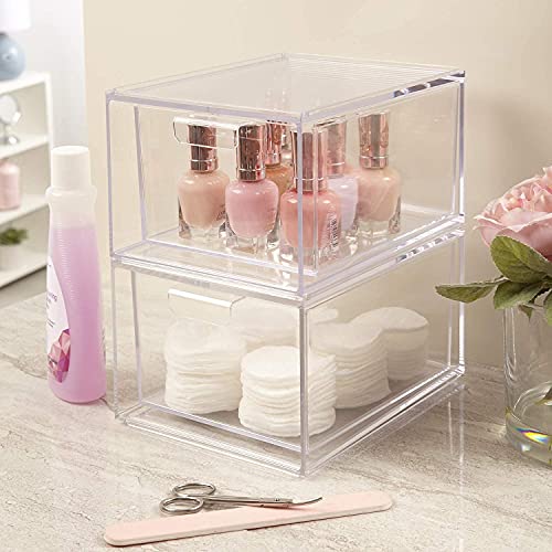 STORi Audrey Stackable Clear Bin Plastic Organizer Drawers | 2 Piece Set | Organize Cosmetics and Beauty Supplies on a Vanity | Made in USA STORi