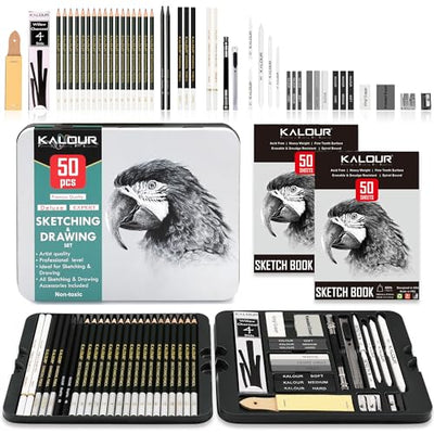 KALOUR 52-Pack Sketch Drawing Pencils Kit with Two Sketchbook,Tin Box,Include Graphite,Charcoal and Artists Tools,Pro Art Drawing Supplies for Adults