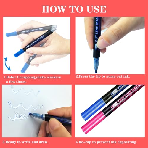 Upanic Super Squiggles Outline Markers-12 Colors Super Squiggles Shimmer Markers,Outline Markers Double Line Pen,Outline Markers Self-Outline Upanic