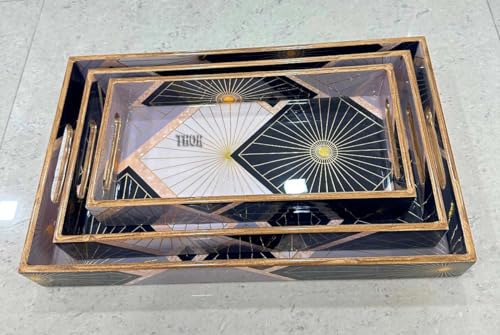 Wooden Serving Tray with Handles - Three Piece Nested Breakfast Tray - Wood Crafts Trays for Organizing | Bathroom Tray - Food Trays for Party Buffet THOR INSTRUMENTS