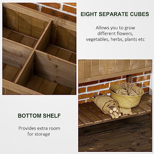 Outsunny Raised Garden Bed with 8 Pockets and Shelf, Wooden Elevated Planter Box with Legs to Grow Herbs, Vegetables, and Flowers, Dark Brown Outsunny