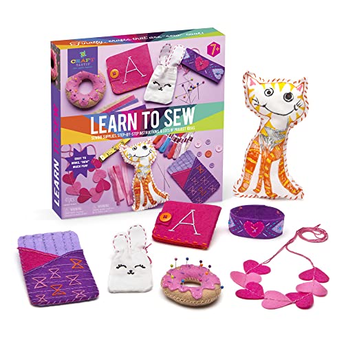 Craft-tastic Learn to Sew Kit – 7 Fun Projects and Reusable Materials to Teach Basic Sewing Stitches, Embroidery & More--Ages 7+ Craft-tastic