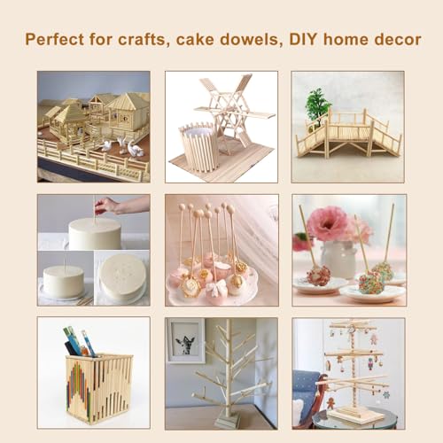 Acrux7 400Pcs Wooden Dowel Rods 1/4 x 6 Inch & 12 Inch Unfinished Dowel Rods Round Wood Sticks Natural Wood Dowels Bulk Dowels Rods for Craft DIY Acrux7