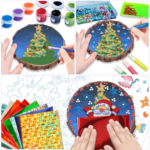 atydkug Kids Wooden Painting Kit - Glow in The Dark Foil Arts & Crafts Gifts for Boys Girls Ages 5-12 Wood Slices with Gem Painting Sets, Creative atydkug