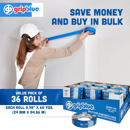 GripBlue Blue Painters Tape 1 inch Wide, Masking Tape Blue .94in x 60yds, 36 Rolls of Blue Paint Tape, 1 Inch Painters Tape for Sharp Lines, Blue GripBlue