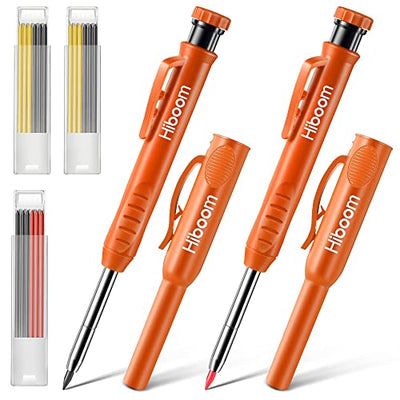 Hiboom 2 Pack Solid Carpenter Pencils with Pencil Cap and 18 Refills, Long Nose Deep Hole Mechanical Pencil Marker, Scribe Tool with Built-in