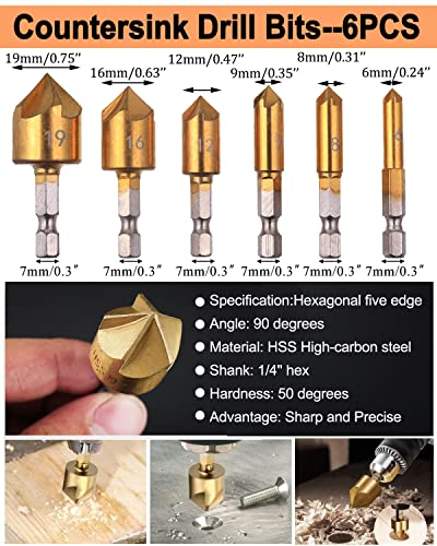 SHITIME 34 Pack Wood Working Chamfer Drilling Tools, 6 Countersink Drill Bit Set, 7 Counter Sinker Drill Bit Set, 8 Plug Cutters for Wood, 8 Drill Shitime