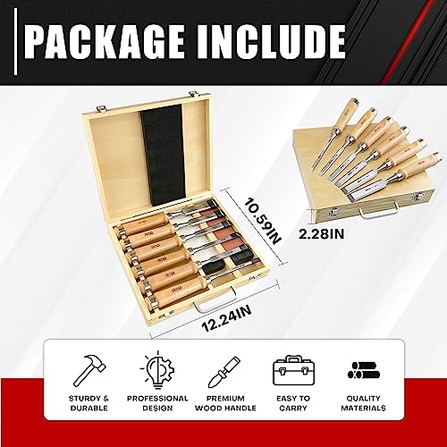 C&T 8 Pieces Premium Wood Chisel Set with Wooden Case,6 Pieces Wood Chisel with 2 Sharpening Stone,Woodworking Carving Chisel Kit,Chrome Vanadium C&T