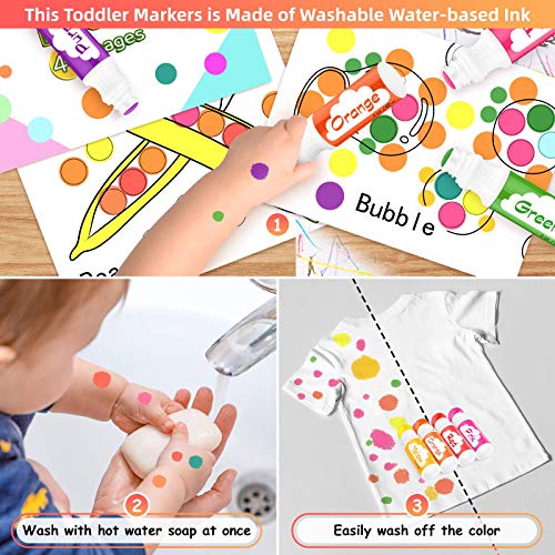 Soucolor Washable Dot Markers for Toddlers Kids Preschool, 10 Colors 2 oz Bingo Daubers Paint Markers Set with 48 Pages Tearable Activity Book for Soucolor