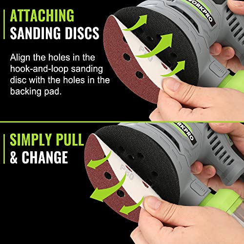 WORKPRO 5-Inch Random Orbit Sander, 6 Variable Speeds 7000 to 14000 RPM, 2.5 Amp Electric Sander for Woodworking with Dust Collector, 15pcs WORKPRO