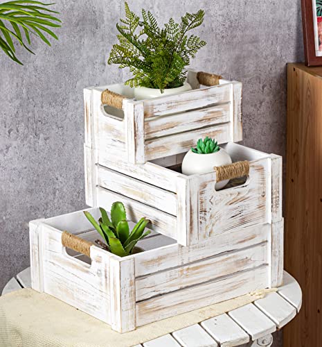 TIMRIS Set of 3 Rustic Wood Nesting Crates, Farmhouse Wooden Storage Container Boxes with Cutout Handles, Decorative Wooden Baskets for Display TIMRIS