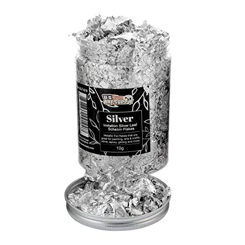 U.S. Art Supply Metallic Foil Schabin Gilding Silver Leaf Flakes - Imitation Silver 10 Gram Bottle - Gild Picture Frames, Paintings, Furniture, U.S. Art Supply