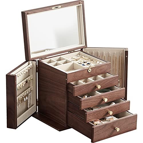 Homruilink Black Walnut Jewelry Box for Women Classical Wooden with Two Side Doors 5-Layer Organizer with Mirror 5 Big Drawers Watch Necklace Ring Homruilink