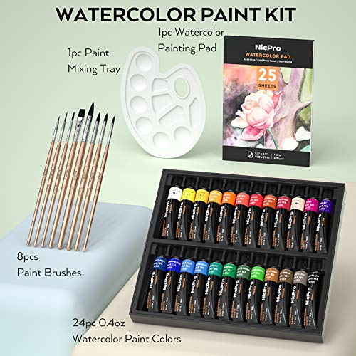 Nicpro 60 PCS Art Paint Set for Kids & Adult, Washable Watercolor Sip Painting Supplies Kit for Beginner with 24 Tube Water Color Paint, 8 Brushes,12 Nicpro