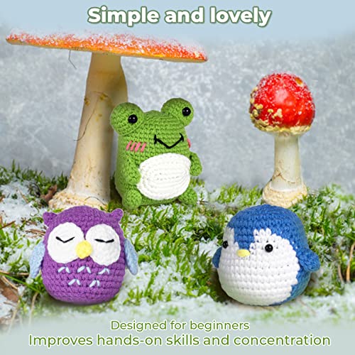 PIPAPI Crochet Kit for Beginners, 3 Pattern Animals-Owl, Penguin, Frog, Knitting Kit for Adult Kids with Step-by-Step Video Tutorials and Yarns, PIPAPI