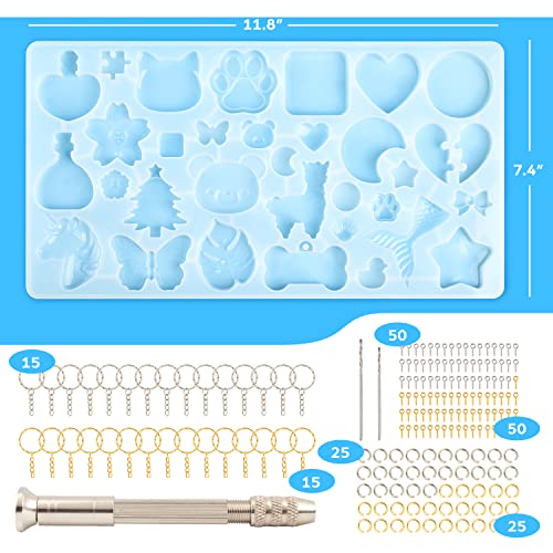 Mocoosy 182Pcs Resin Molds Silicone Kit for Beginners, 32 Cavities Pendants Molds for Epoxy Resin Casting, Variety Shaped Keychain Making Set DIY Mocoosy