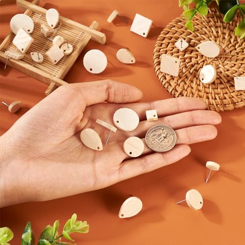 FASHEWELRY 36Pcs Wood Earring Blanks Natural Teardrop Flat Round Wood Stud Earring Findings Rhombus Wheat Color Wooden Earring Posts for Jewelry FASHEWELRY