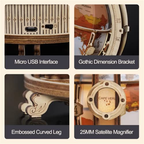 3D Wooden Puzzles Globe Model Kit for Adults to Build ROKR 3D Puzzles Night Light Desk Display Toy Unique Gift for Birthday/Anniversay ROKR