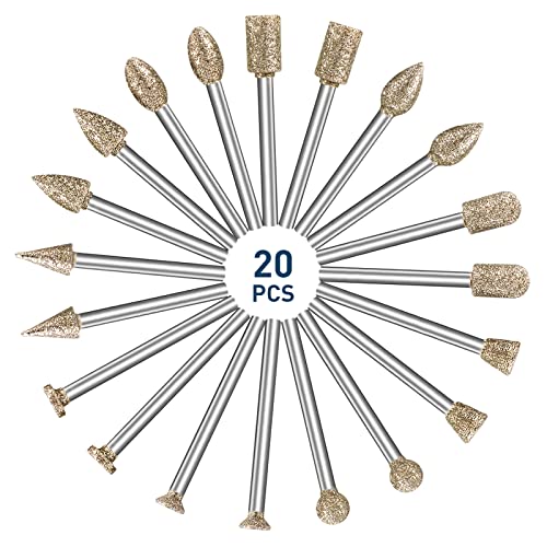 Diamond Grinding Burr Bit Set,20Pcs Rotary Tool Accessories Stone Carving Set with 1/8 inch Shank for Stone Ceramic Glass Carving, Grinding, shengbenhao